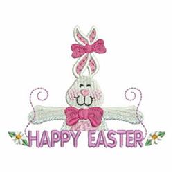 Cute bunny rabbit with pink bows on ears and neck, celebrating Easter with colorful 'HAPPY EASTER' text in a whimsical style.