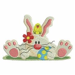 Playful bunny rabbit with pink ears and paws, a yellow chick on its head, bright flower, and colorful egg for Easter.