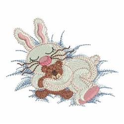 Playful bunny rabbit with long ears and rosy cheeks hugging a small teddy bear in pastel colors, perfect for Easter.