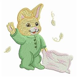 Whimsical bunny in green pajamas with a pink and white blanket, perfect for Easter. Playful pastel colors.