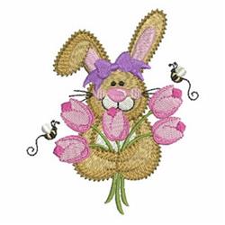 Cute bunny rabbit with a purple bow holds pink tulips while buzzing bees flit about in a whimsical spring scene.