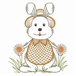Cartoonish bunny with an orange collar, holding flowers, surrounded by soft grass; cheerful spring theme.