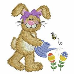 Playful bunny with brown fur and purple bow watering colorful flowers with a blue watering can for Easter.