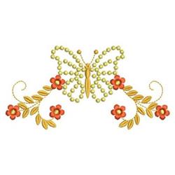 Decorative butterfly with intricate detailing, surrounded by vibrant red flowers and green leaves.