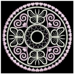 Delicate ornamental design featuring elegant butterflies and intricate swirls in soft pinks and whites.
