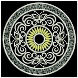 Elegant circular decorative design features intricate butterflies and white swirls around a vibrant yellow sun.