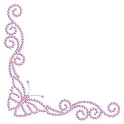 Whimsical butterfly corner design featuring soft colors, pink pearls, and spiraling patterns for quilting.