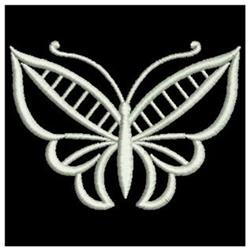 Stylized butterfly with intricate wing patterns and smooth curves, elegantly set in light colors against a black background.
