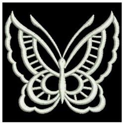 Elegant butterfly design with intricate wings and graceful curves, embroidered in white on a black background.
