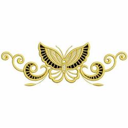 Elegant butterfly with intricate gold and black patterns, framed by decorative swirls, perfect for quilting.