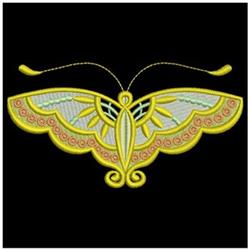 Detailed butterfly with vibrant yellow and blue hues, ornate patterns, on a black background. Applique design.