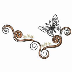 Elegant butterfly with intricate black outlines, surrounded by flowing brown swirls and delicate floral details.