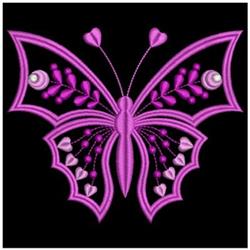 Vibrant pink butterfly with intricate ornamental details on black background, showcasing elegant machine embroidery.