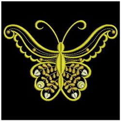 Intricate butterfly with elegant yellow embroidery and swirling antennae, set on a solid black background.