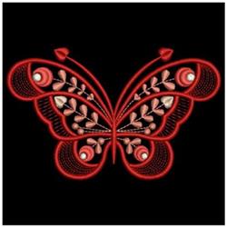 Modern decorative butterfly in red hues with intricate patterns and floral motifs on a solid black background.