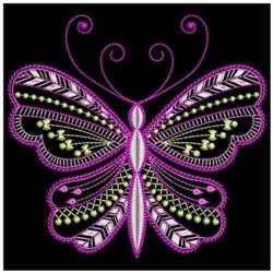 Colorful butterfly with intricate purple and green patterns on a black background, showcasing detailed elegance.