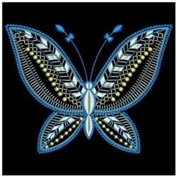 Elegant butterfly with intricate blue patterns and symmetry on a black background, perfect for quilting.