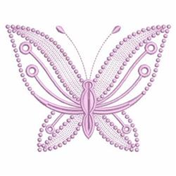 Decorative butterfly in pink with intricate swirls and bead-like details, showcasing elegance and symmetry.