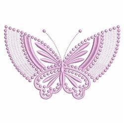 Elegant butterfly with detailed wings, soft pink hues, and pearl-like accents in a whimsical style.