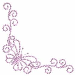 Whimsical butterfly design with pink pearl-like beads and elegant swirls, perfect for quilting projects.