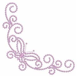 Elegant butterfly made of pink pearls, surrounded by delicate swirls, ideal for quilting.