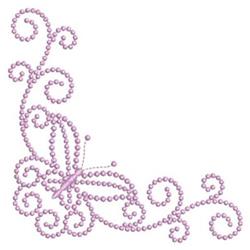 Elegant butterfly in soft pink adorned with swirling patterns and pearl accents, perfect for quilting.