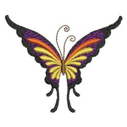 Intricate butterfly with vivid purple wings, accented by yellow and orange, featuring elegantly curved antennae.