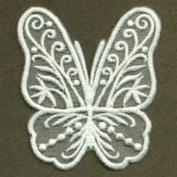 Delicate butterfly in white with intricate swirls and lines, elegantly detailed on a dark backdrop.