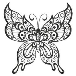 Butterfly with intricate wing patterns and swirls, portrayed in delicate line art, emphasizing symmetry.