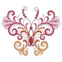 Elegant butterfly with colorful swirls of pink, orange, and red, showcasing intricate floral motifs and spirals.