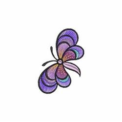 Vibrant butterfly in shades of purple, pink, blue, and green with intricate patterns and smooth lines.