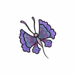 Vibrant butterfly in purple and blue with intricate details and a black outline, ideal for decorative embroidery.