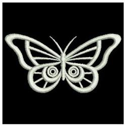 Elegant butterfly in white thread on a black background, showcasing intricate wings and minimalist design.
