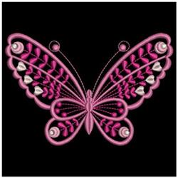 Vibrant butterfly with pink wings, detailed patterns, and pearl accents set against a solid black background.