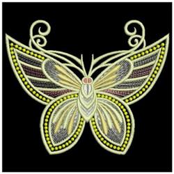 Intricate butterfly with detailed wing patterns in soft yellows and purple on a black background, perfect for vibrant decor.