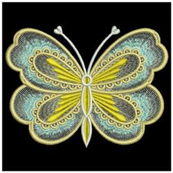 Vibrant butterfly in yellow and blue hues with intricate wing patterns, set against black background.