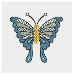 Detailed butterfly design with vibrant blue wings, a yellow body, and white accents in a colorful applique style.
