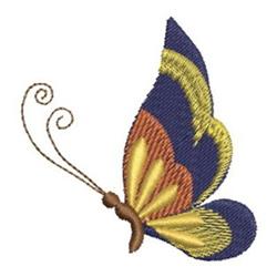 Applique butterfly in vibrant blue, yellow, and orange with intricate stitching and whimsical antennas.