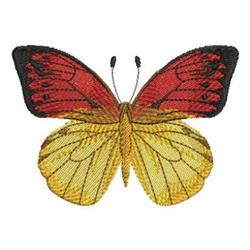 Vibrant butterfly with red wings, a yellow body, and black accents in detailed embroidery style.