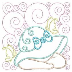 Playful hat with a light blue band, adorned with swirls and two butterflies in pastel colors.