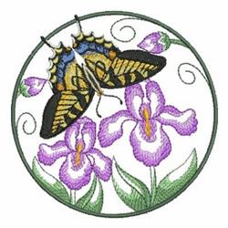 Colorful butterfly in yellow and blue above purple iris flowers, detailed nature-inspired design.