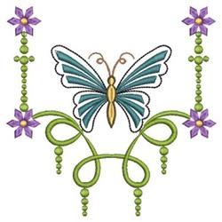 Whimsical butterfly with teal wings amidst vibrant purple flowers and green vines, perfect for spring.