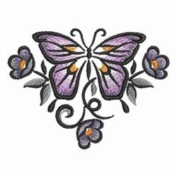 Colorful butterfly with lavender and purple wings surrounded by purple flowers and green leaves, perfect for spring decor.