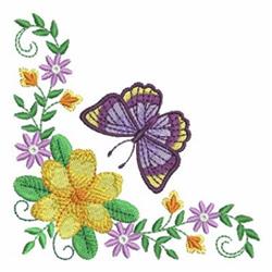 Bright butterfly applique with vibrant purple wings, perched among colorful flowers and lush green leaves in spring.
