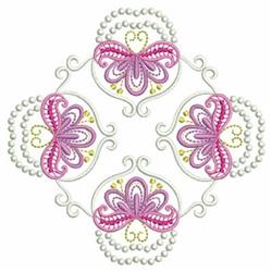 Quilting butterfly design featuring elegant pink butterflies with pearl accents and intricate stitching, perfect for spring.