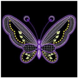 Stylized butterfly with purple and yellow wings against a black background, featuring intricate embroidery details.
