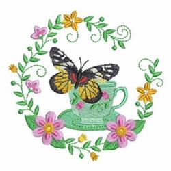 A colorful butterfly with yellow and black patterns on a green tea cup, surrounded by vibrant spring flowers.