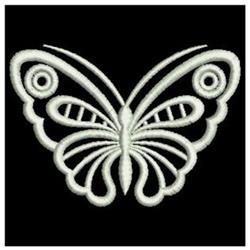 Intricate embroidery of a butterfly with delicate wings and ornate lines against a solid black background.