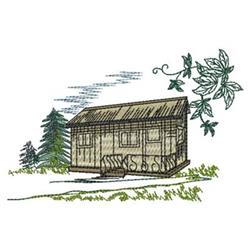 Illustrative cabin surrounded by tall trees and elegant vines, perfect for a nature-themed decor.