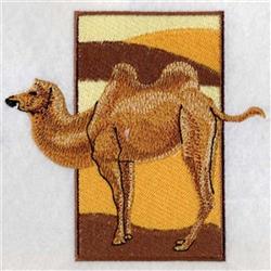 Realistic camel with detailed textures against warm earthy background patterns in shades of brown and yellow.